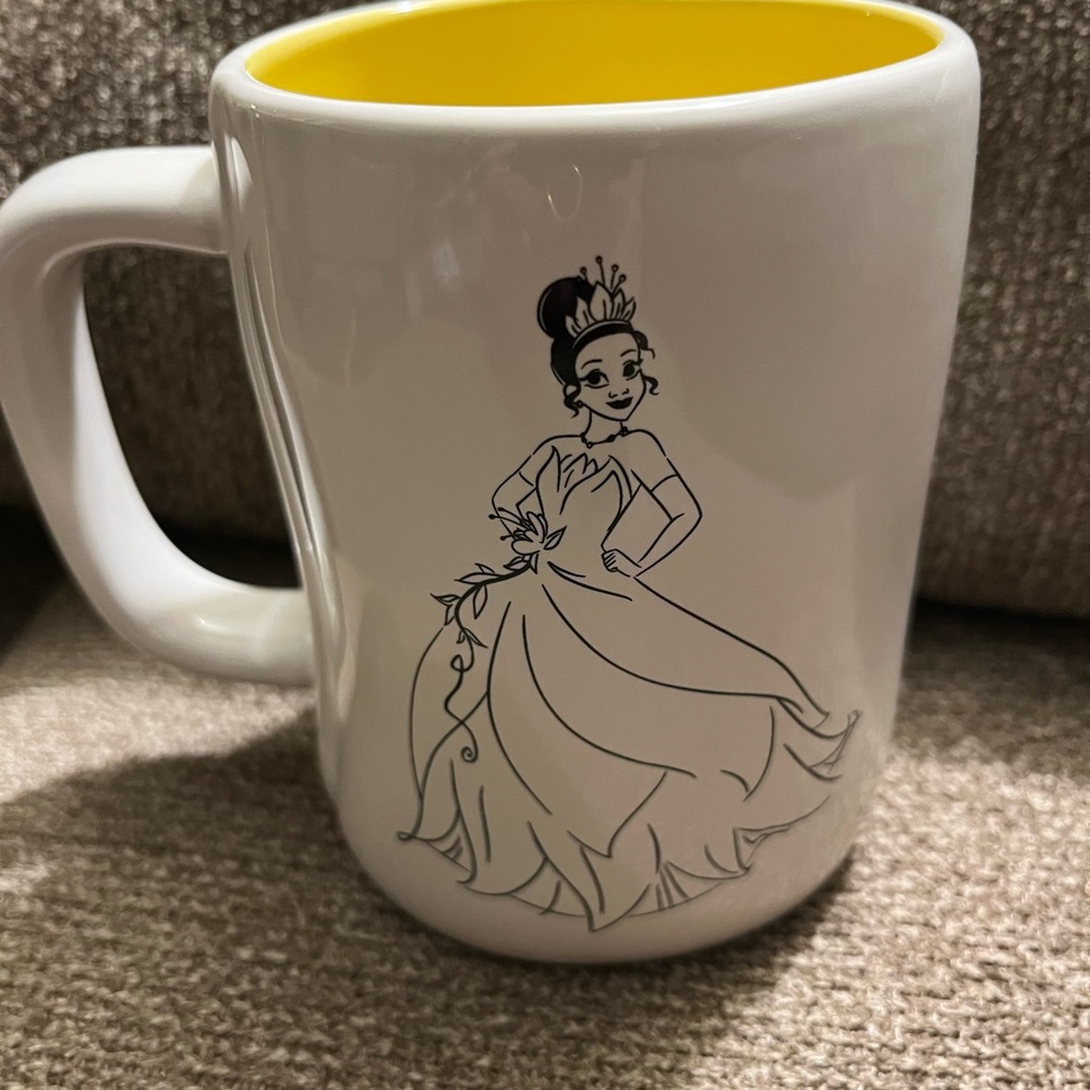 Rae Dunn White Mug with Princess Tiana Design and Yellow Interior